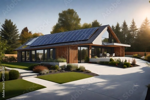 Modern suburban eco-friendly house featuring a photovoltaic system on the roof, solar panels on the gable roof, a driveway, and a landscaped yard