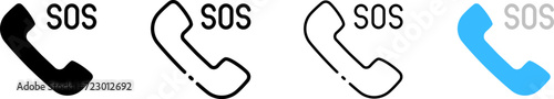 SOS phone icon set. SOS phone receiver. Silhouette, linear, and flat style. Vector icons.