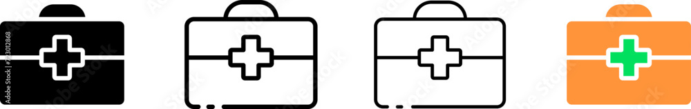 Medical briefcase icon set. Silhouette, linear, and flat style. Vector icons. Medical briefcase icon set. Silhouette, linear, and flat style. Vector icons.