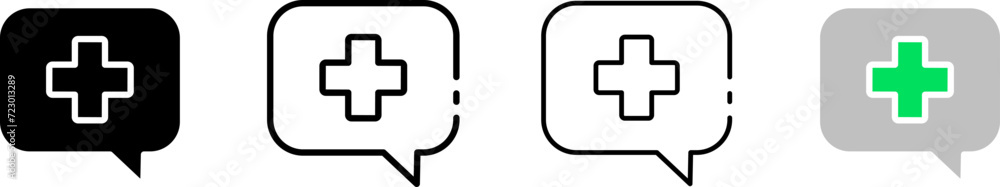 Medical cross icon set. Message bubble. Silhouette, linear, and flat style. Vector icons. Medical cross icon set. Message bubble. Silhouette, linear, and flat style. Vector icons.
