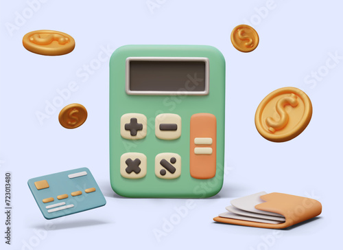 3D calculator with blank display, gold coins, credit card, folder with documents