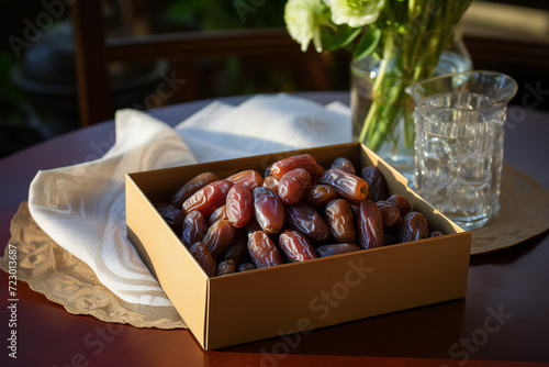 dry fruits set with dates on a wooden platter and box