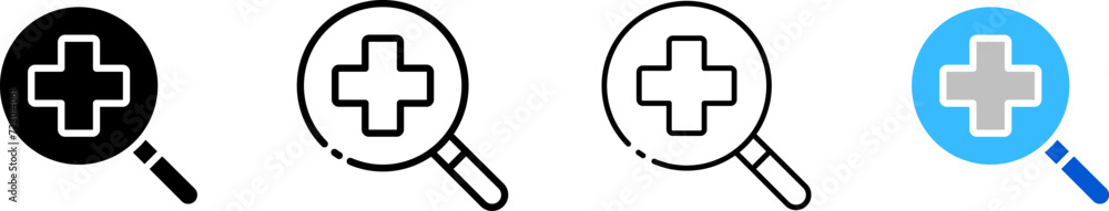 Plus inside magnifying glass icon set. Silhouette, linear, and flat style. Vector icons. Plus inside magnifying glass icon set. Silhouette, linear, and flat style. Vector icons.