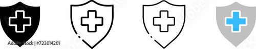 Medical plus protection icon set. Plus in shield. Silhouette, linear, and flat style. Vector icons.