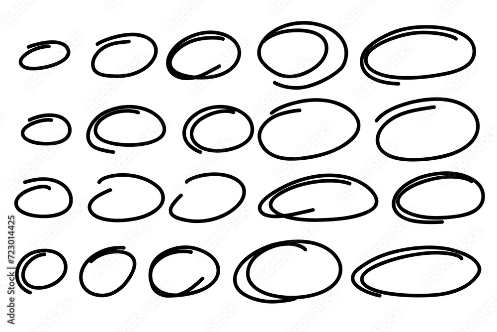 Oval frames line set. Highlight Hand drawn scribble circle sketch set. Doodle ovals and ellipses line template. Vector illustration oval isolated on white background. Oval frames line set. Highlight Hand drawn scribble circle sketch set. Doodle ovals and ellipses line template. Vector illustration oval isolated on white background.