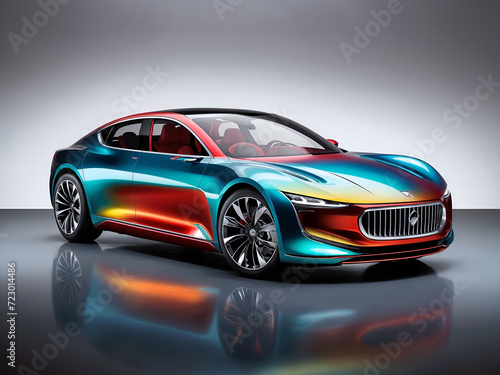 a colorful car on a reflective surface. The car has a sleek design with a curved body and a large grill at the front. The colors of the car are a mix of red  blue  and yellow