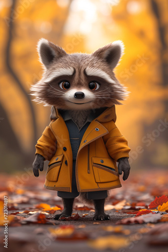 Cute raccoon in yellow jacket photo