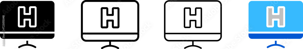 H letter on monitor screen icon set. Silhouette, linear, and flat style. Vector icons. H letter on monitor screen icon set. Silhouette, linear, and flat style. Vector icons.
