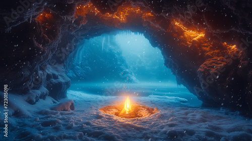 Mystical snowy landscape with a warm, inviting glow from a tunnel entrance
