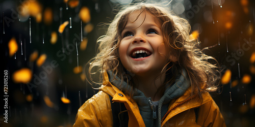 Little girl who smiles and looks up rainy sky