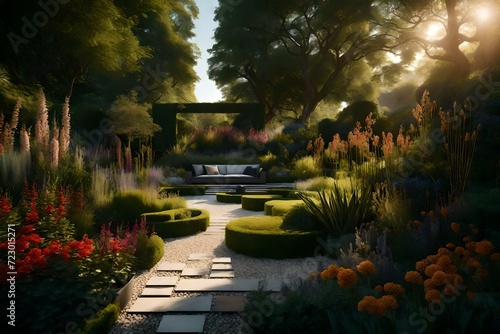 Landscape design incorporates ambient lighting to accentuate flowers and plants