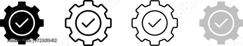 Checkmark inside gear icon set. Silhouette, linear, and flat style. Vector icons.
