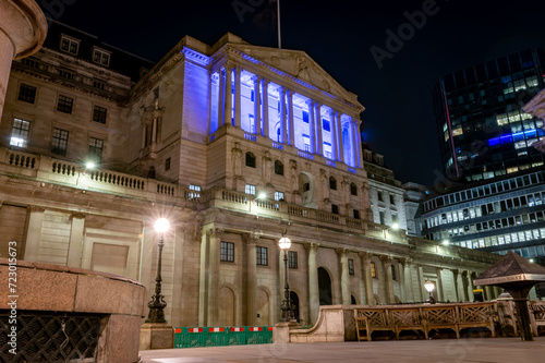 London. UK-01.27.2024.  A night time view of the facade of the Bank of England. photo