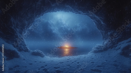 Mystical snowy landscape with a warm, inviting glow from a tunnel entrance