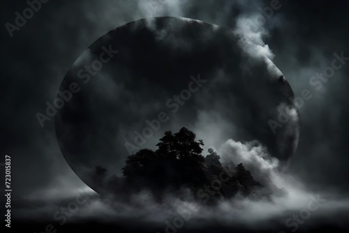 a dark, eerie atmosphere with a black ground fog overlay, mist, and steam. Incorporate a spooky 3D magic texture with a transparent effect, forming a circle in the isolated background