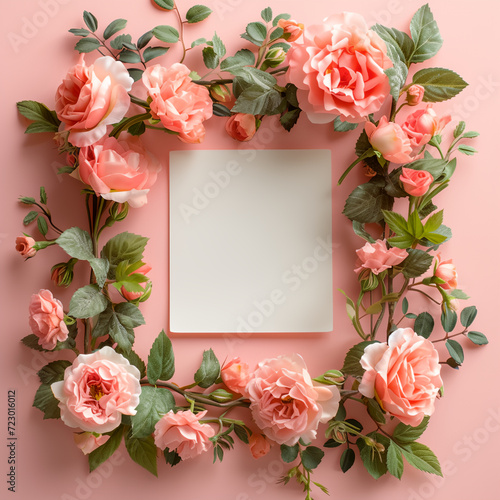 Rose Floral frame mock up. Roses flowers and leaves form up a shape of rectangle empty copy space at center. Frame mockup. Blank white copy space background
