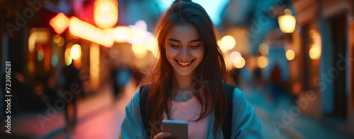 A happy teen female looking at her mobile phone, blur street view background. Young cheerful stylish woman using cell phone and texting message