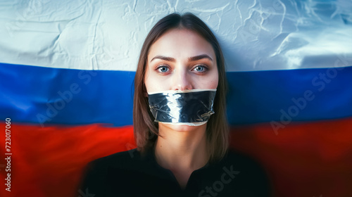 jeune femme avec du scotch sur la bouche, devant un drapeau russe, pour illustrer le manque de liberté de parole en Russie