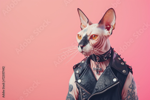 Tattooed Sphynx Cat in Punk Leather Vest and Studded Collar