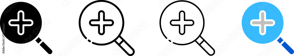 Plus icon set. Magnifying glass. Silhouette, linear, and flat style. Vector icons. Plus icon set. Magnifying glass. Silhouette, linear, and flat style. Vector icons.