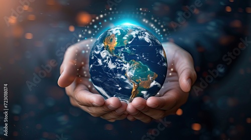 Hands holding globe. Technology protect earth, cloud network. Abstract technology science background. Sphere shields protect. Global network and technology. 