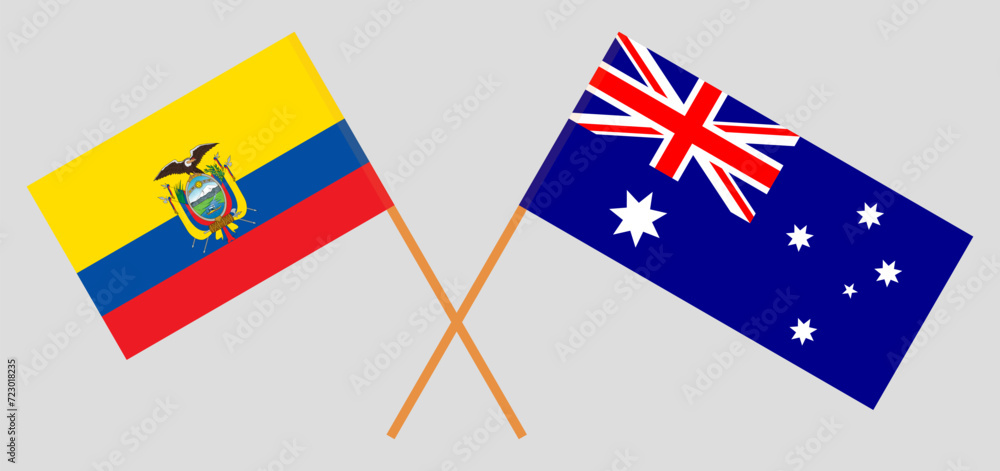 Crossed flags of Ecuador and Australia. Official colors. Correct proportion