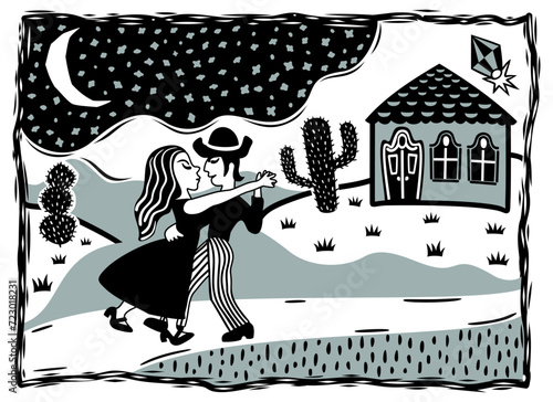 Brazilian man and woman dancing at night. Cordel style woodcut illustration. São João.
