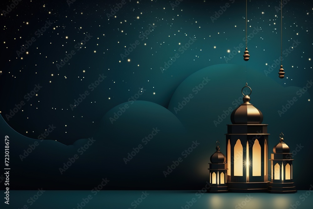 Obraz premium Islamic and Arabic lanterns with burning candles glowing in the dark. Festive greeting card, invitation for Muslim holy month Ramadan Kareem