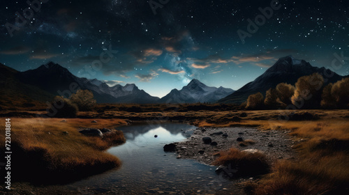 Landscape of mountain and river on night sky abstract background. Generative ai..