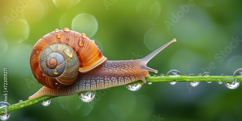Garden snail crawling on plant stem. Natural green background, dew water drops. For skin products