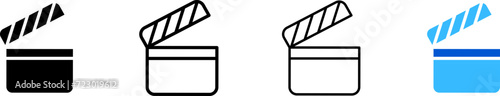 Movie clipper icon set. Silhouette, linear, and flat style. Vector icons.
