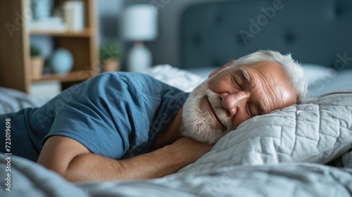 Happy senior man sleeps in a bed at home. sleep rest relax comfort. Mattress and bedding business banner photo