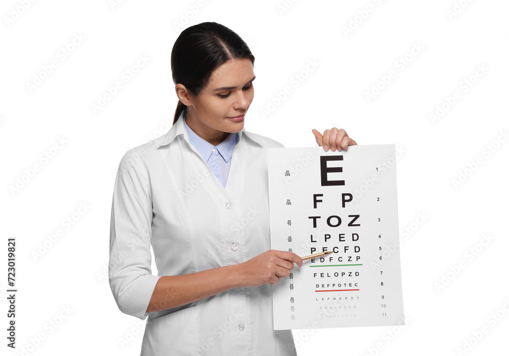 Ophthalmologist with vision test chart on white background