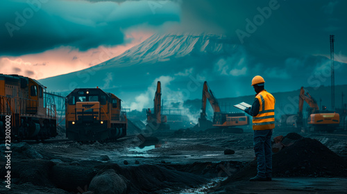 Industrial Horizon Supervisor in Africa. Engineer inspecting railway site at dusk with mountain backdrop.