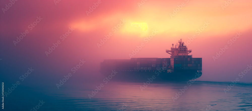 Mystic Voyage: The Silhouette of Sea Commerce at Dawn. Container ship in a misty sunrise at sea.