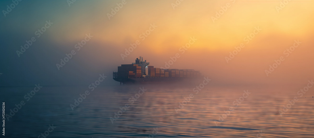 Mystic Voyage: The Silhouette of Sea Commerce at Dawn. Container ship in a misty sunrise at sea.