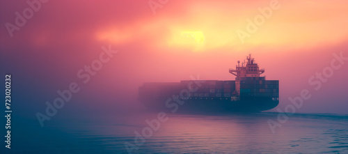 Mystic Voyage: The Silhouette of Sea Commerce at Dawn. Container ship in a misty sunrise at sea.