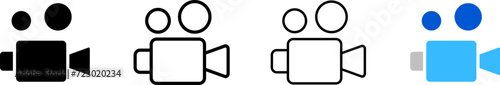Video camera icon set. Movie camera. Silhouette, linear, and flat style. Vector icons.