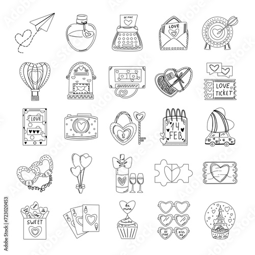 Set of elements for St. Valentine's Day, bottle with a love potion, typewriter, mailbox, cassette, lock and key. Symbol of love, romance. Line art.