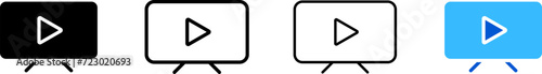 Play button on TV. Silhouette, linear, and flat style. Vector icons.