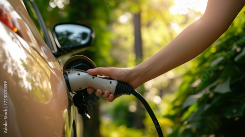 Green Innovation, Close Up of EV Charging Plug in Natural Greenery