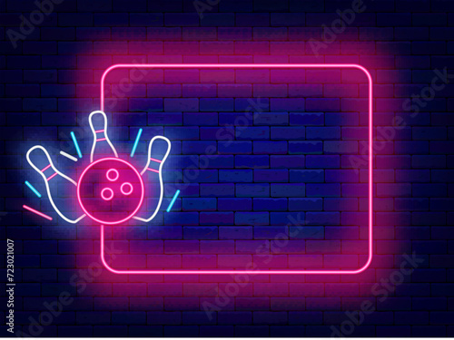 Bowling club neon advertising. Bowling strike and empty pink frame. Sport event. Vector stock illustration