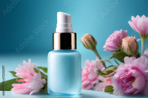 Cosmetic Serum Face Care on Blue Background with Flowers - Woman's Day Close-Up