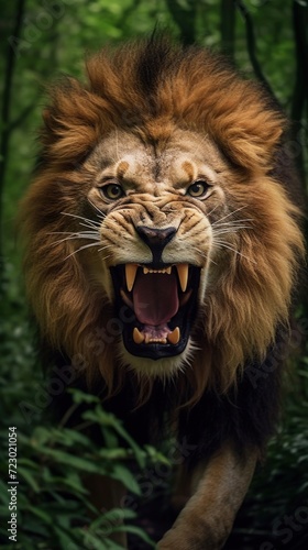A close-up of a fierce male lion