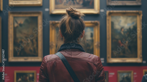 Woman Standing in Front of Various Paintings at an Art Gallery