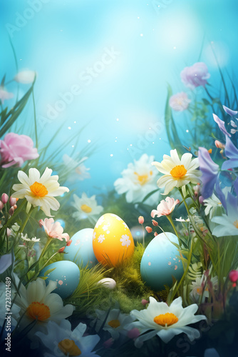 Easter background with colorful flowers and painted easter eggs. Uplifting and bright greeting card concept. 