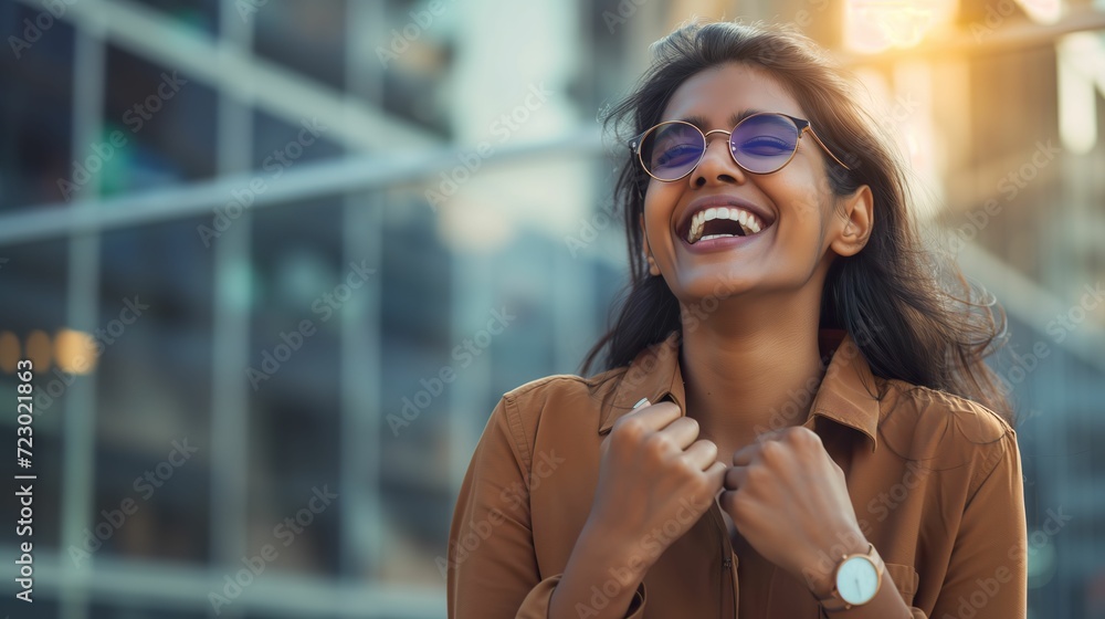 Triumphant Indian Woman, Celebrating Success with Joyful Expression Triumphant Indian Woman, Celebrating Success with Joyful Expression