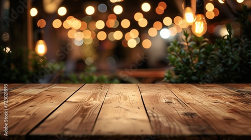 Wooden table with blurred background lights.