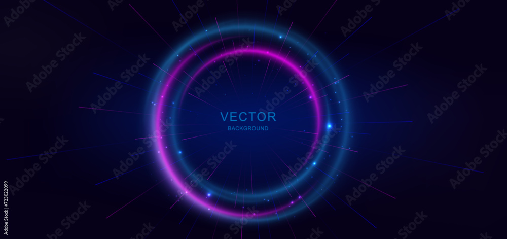 Abstract futuristic glowing neon blue and pink circles light ray with on dark blue background.