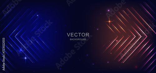 Abstract technology glowing blue and orange triangle and light effect on dark background. Futuristic speed motion. photo